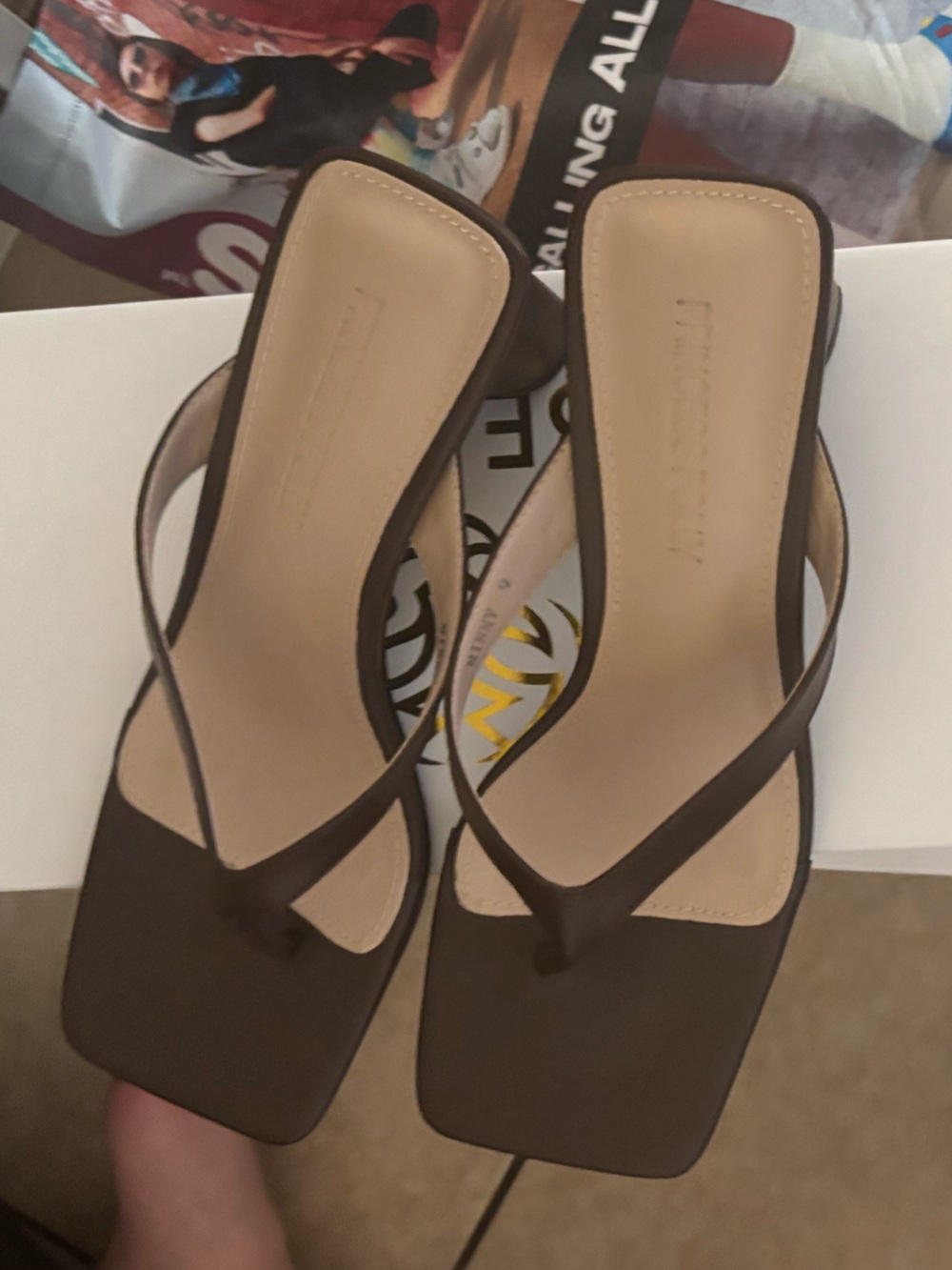 BEAST FASHION Brown Square-Toe Thong Sandals with Slim Straps